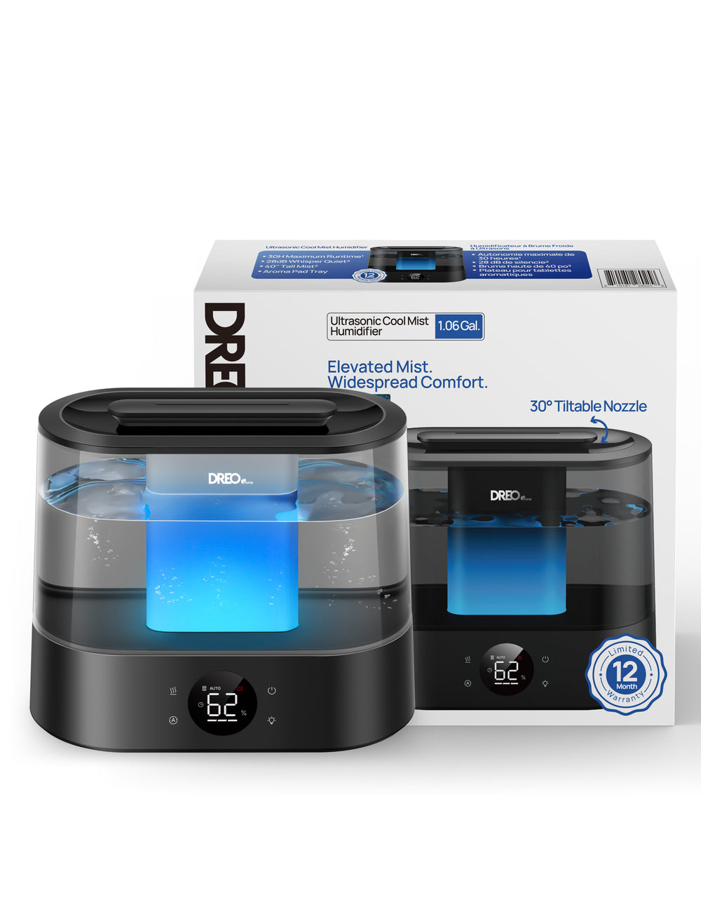 DREO Humidificateur ultrasonique intelligent – Réservoir d’eau 4 L, Autonomie 30 h, Contrôle intelligent par application, 6 niveaux de brume, Ultra-silencieux, Diffuseur d’arômes