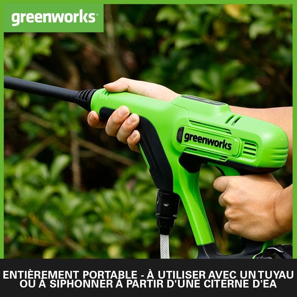 Greenworks 24 V Nettoyeur Haute Pression Sans Fil à Main (Puissance du Moteur Li-Ion 300 W, Pression 24 Bar, Débit 180 l/h, Buse 5 Jets, Tuyau 6 m Sans Batterie et Chargeur), Vert, Gris, Noir G24PWK4