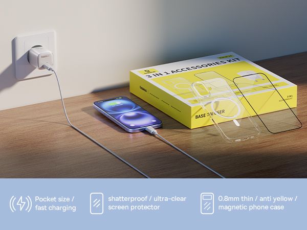 Coffret Cadeau OS-Baseus pour iPhone 17 2025 - Kit d’Accessoires 3-en-1 45W 1C Version EU