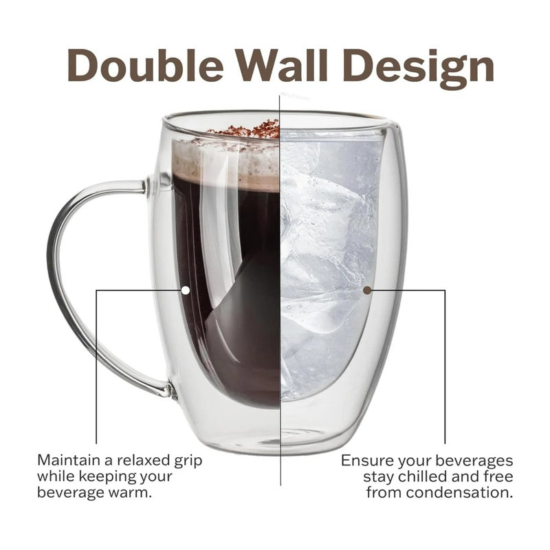 Lot de 2 Mugs à Café en Verre Double Paroi avec Anse, 350ml Verre Isotherme Transparent pour Boissons Chaudes et Froides, Latte, Cappuccino