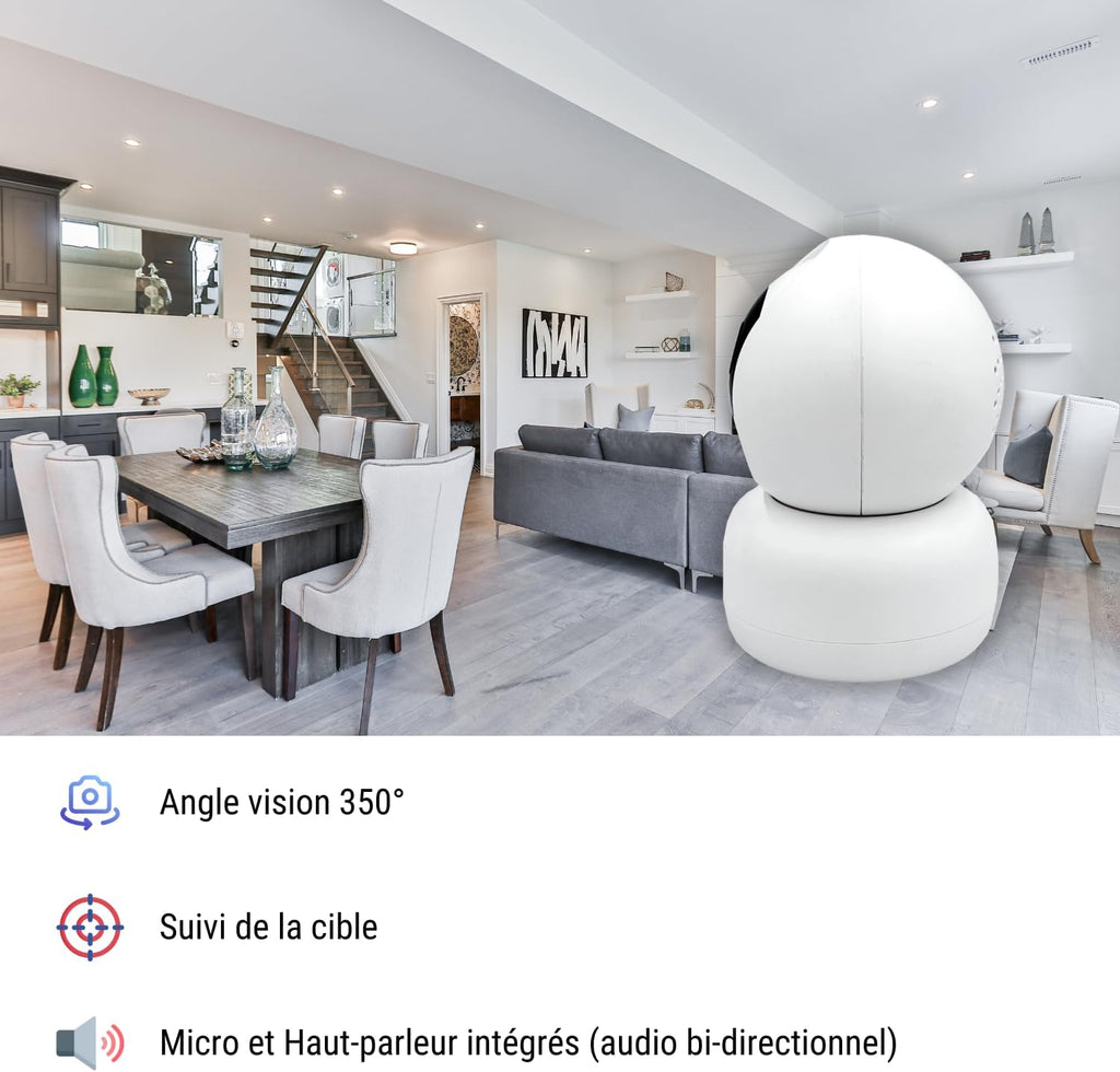 Konyks Camini 2 Caméra de Surveillance Intérieur motorisée PTZ Wi-Fi Sirène intégrée Détection Sons et Mouvements, Blanc