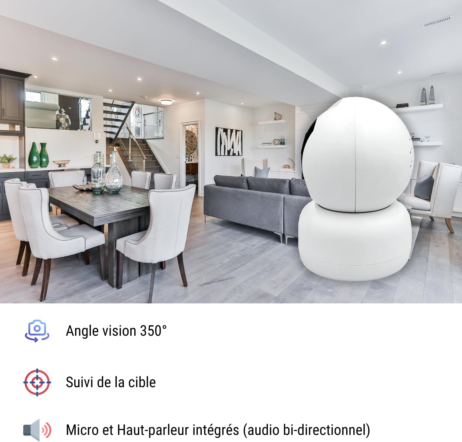Konyks Camini 2 Caméra de Surveillance Intérieur motorisée PTZ Wi-Fi Sirène intégrée Détection Sons et Mouvements, Blanc