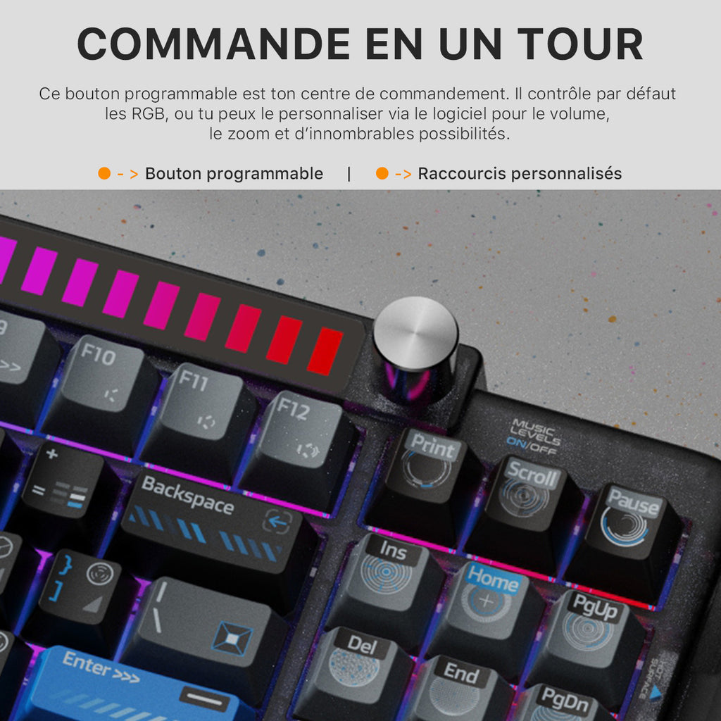 KEYSME Lunar 01 Clavier mécanique 80 % tri-mode, disposition QWERTY US, clavier à montage sur joint avec éclairage rythmé, commutateurs remplaçables à chaud, molette programmable
