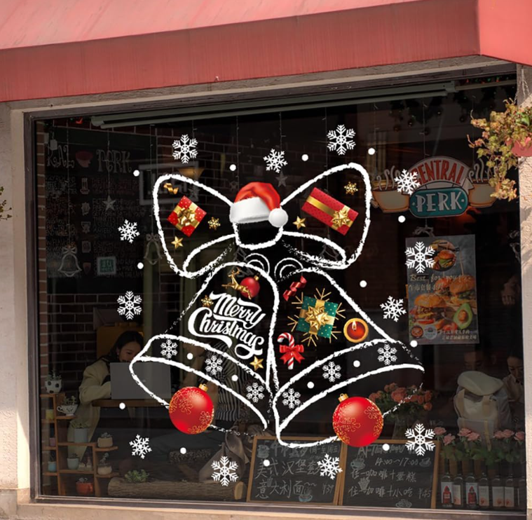 JU7CER Autocollants de vitre en forme de cloche de Noël, décorations de Noël, film adhésif pour vitres en PVC, autocollants de vitre de Noël, autocollants de vitre d'hiver