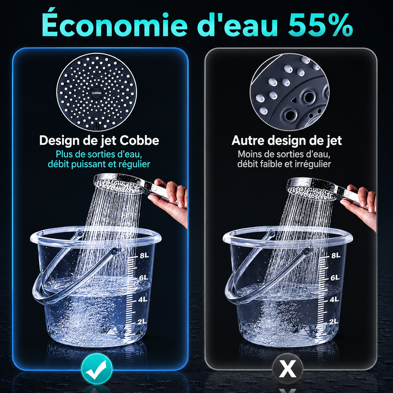 Pommeau de douche rafraîchissant d'été Cobbe avec flexible, grand modèle effet pluie à pression renforcée, 3 modes de jet, économie d'eau, finition noir/chrome