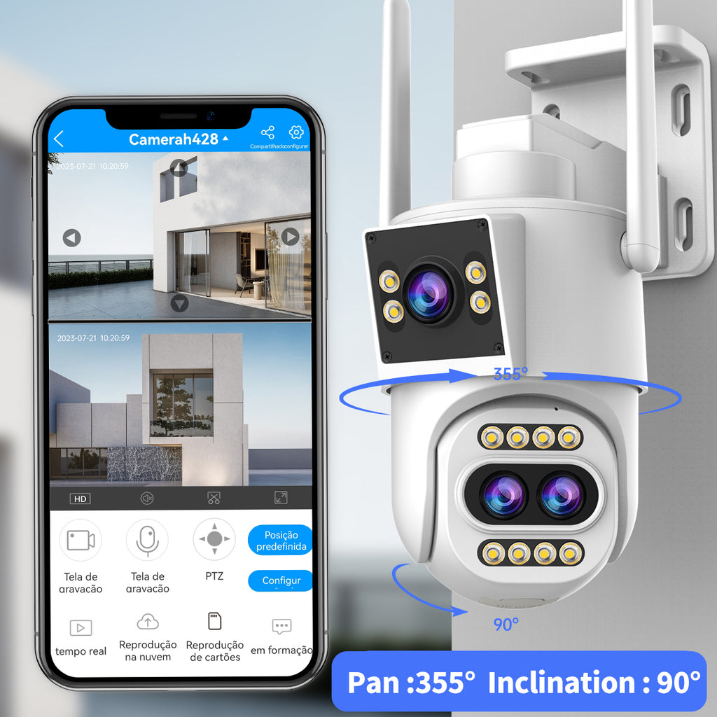 JOOAN Caméra de surveillance extérieure, 3 objectifs, 2 vues, zoom optique 10x et suivi automatique, IP PTZ 360°, Wi‑Fi 2,4 GHz filaire, IP66 étanche, alarme de détection de mouvement, stockage carte 8–256 Go/Cloud, notification SMS