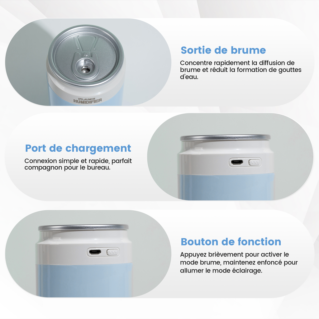 Mini humidificateur portable double usage pour voiture et usage intérieur, Lumière d'ambiance LED intégrée, Deux modes de brumisation silencieux avec arrêt automatique