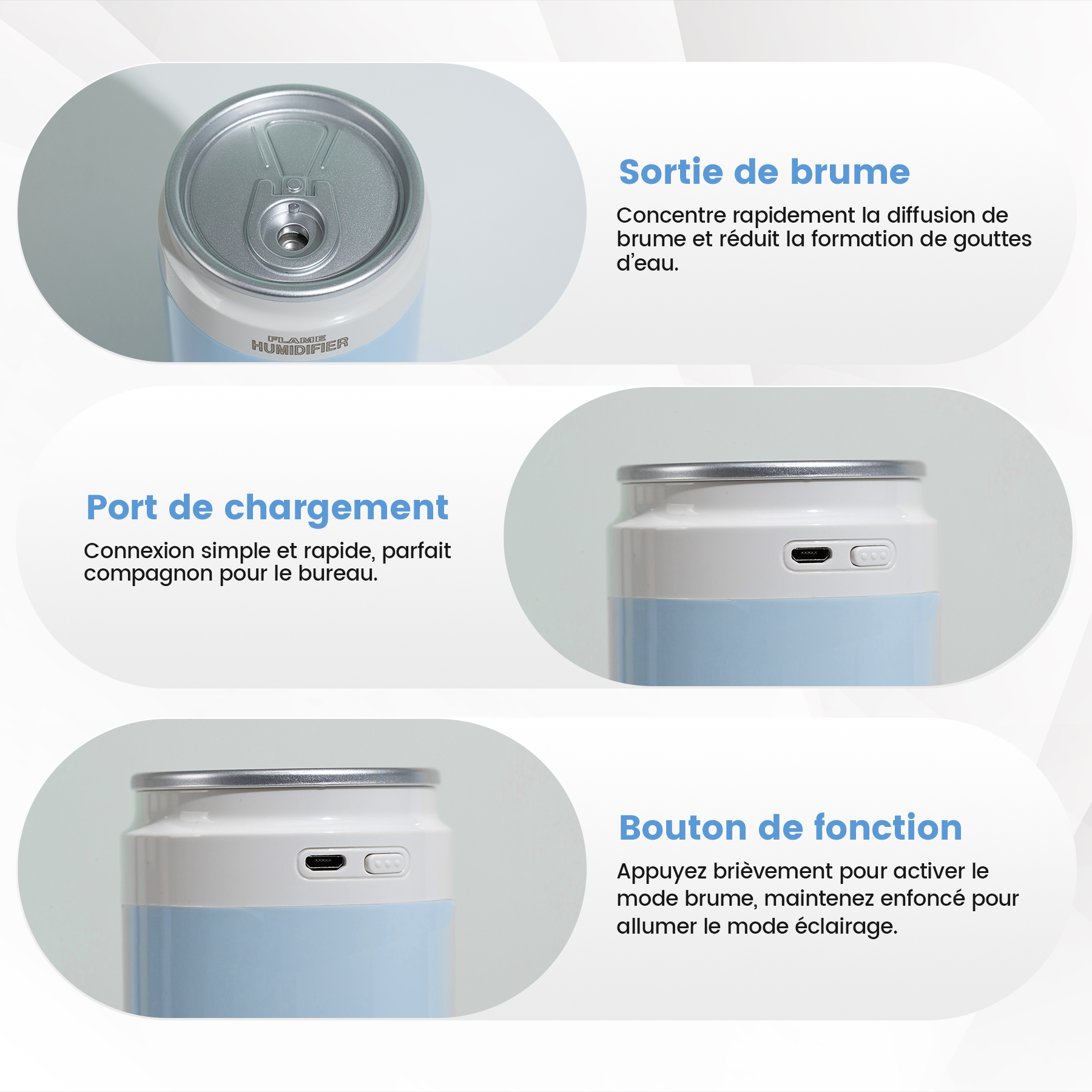 Mini humidificateur portable double usage pour voiture et usage intérieur, Lumière d'ambiance LED intégrée, Deux modes de brumisation silencieux avec arrêt automatique