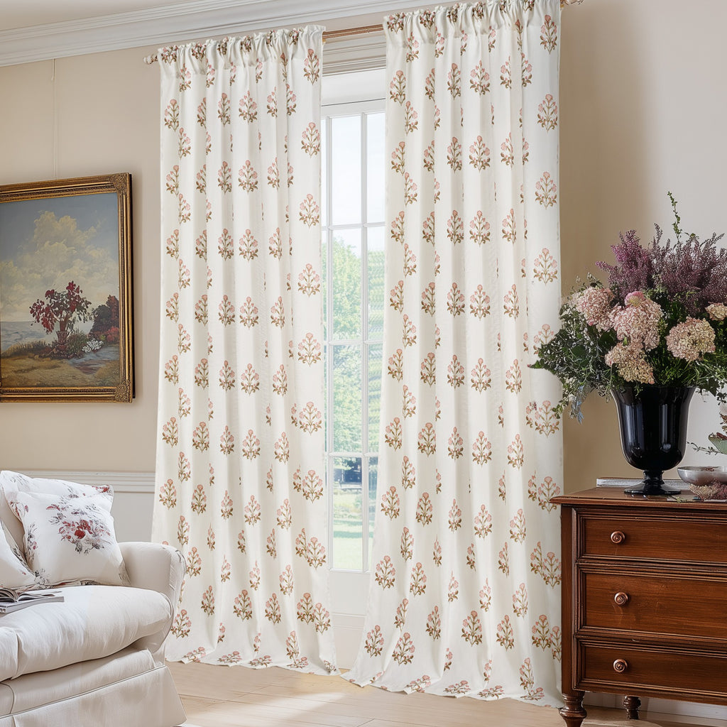 PONY DANCE Rideaux floraux à œillets arrière et poche pour tringle, rideaux de fenêtre imprimé botanique style maison de campagne pour salon chambre, 2 panneaux, l 132 x L 245 cm, rose mandarine