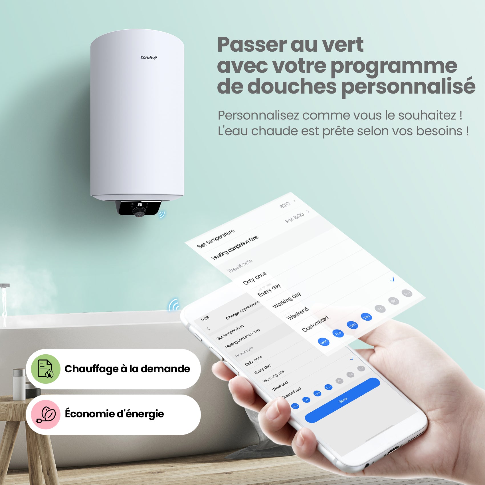 Comfee' D80-15EFG 80 L Chauffe-eau électrique mural - Réservoir au-dessus de l'évier - Contrôle Wi-Fi et compact facile à installer