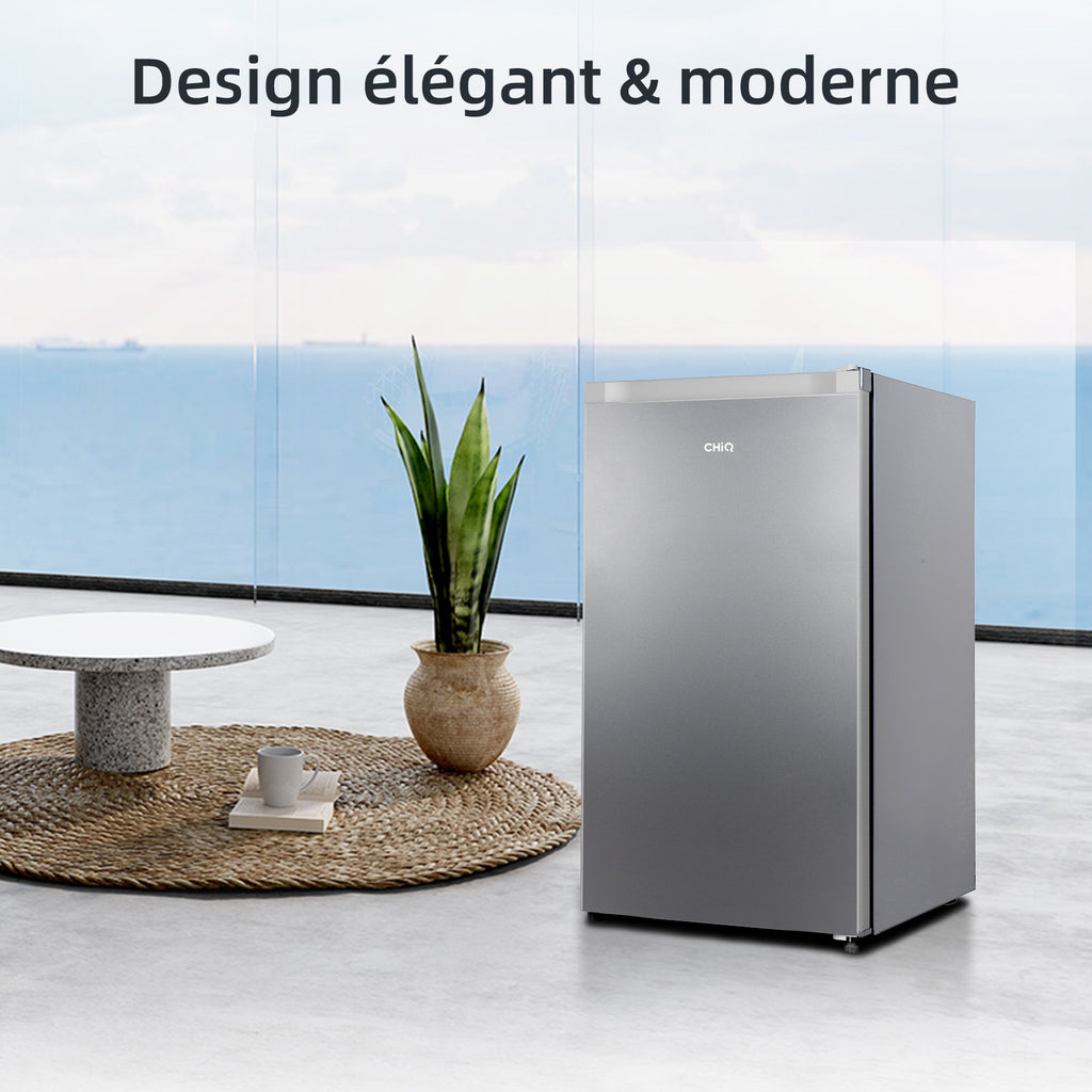 CHiQ JR99DWE Réfrigérateur 92 L avec compartiment congélateur, design compact de 0,22 m², silencieux, classe énergétique E - Argent