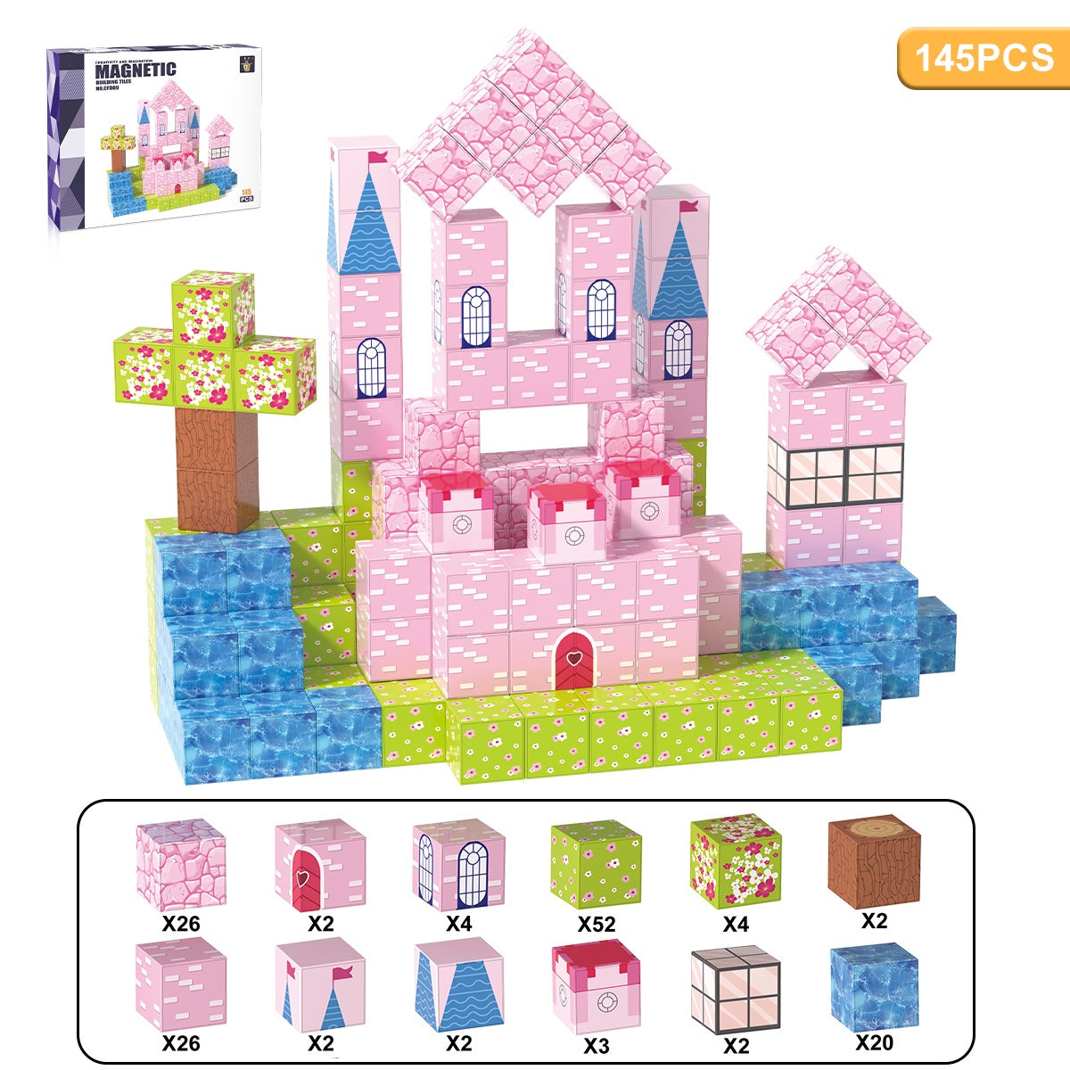 XINQIYUAN Qiyuan Jouet Éducatif Blocs de Construction Château Rose Monde Magnétique 2.5cm 145pièces [Mélange aléatoire – Couleurs issues uniquement de la photo principale]
