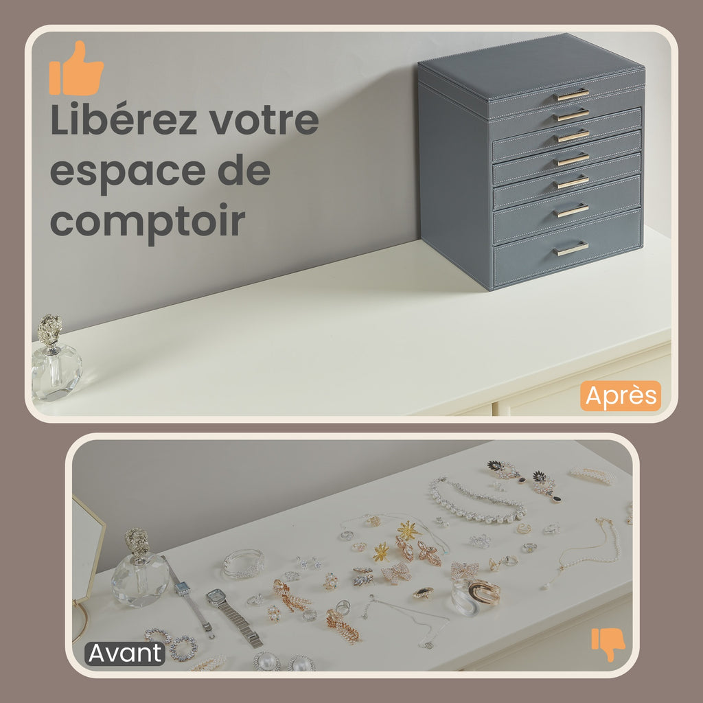 JOYFURNOS Boîte à Bijoux 6 Niveaux, Écrin à Accessoires, avec Grand Miroir, 5 Tiroirs, Rangement pour Bijoux, Moderne, Gris