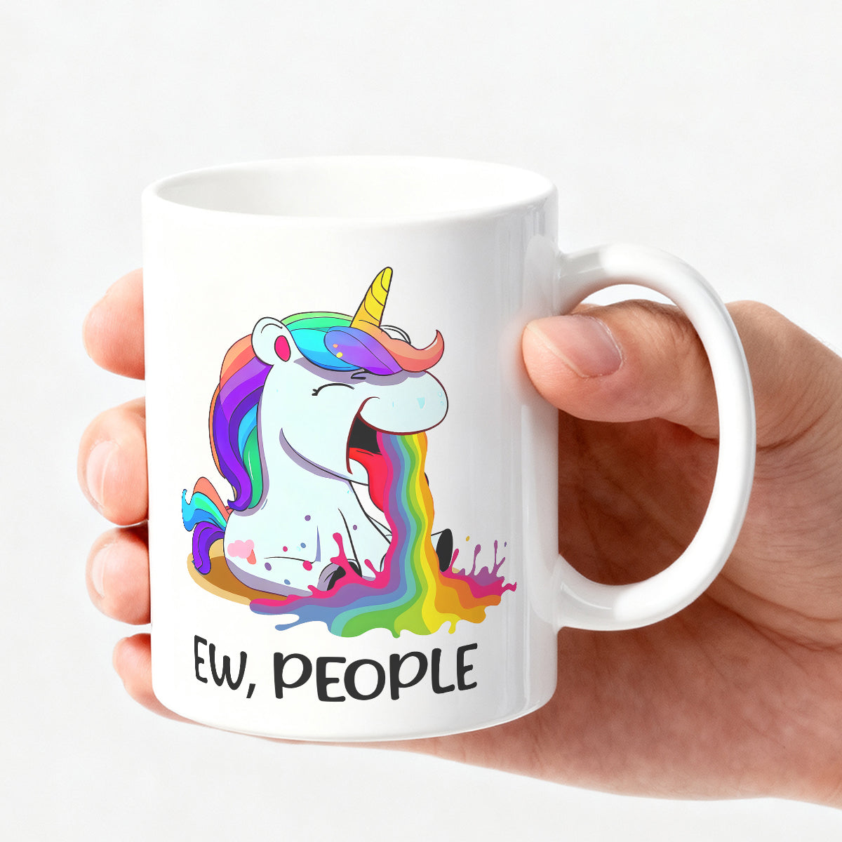 Alphynix Mug blanc 1 pièce 11 oz avec citation impertinente "BEURK, LES GENS" et licorne crachant un arc-en-ciel, cadeau amusant contrasté de Noël ou de Thanksgiving