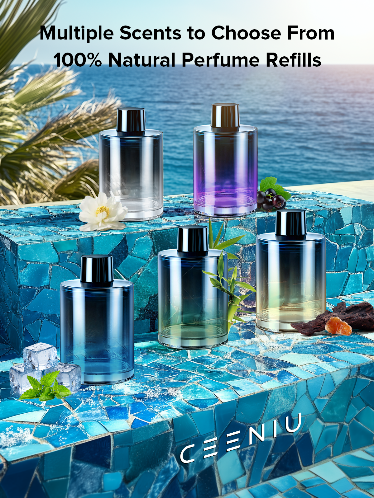 CEENIU CF3A Désodorisant Voiture Intelligent, Diffuseur d'Arômes 135 ml, Dure 6 Mois, Auto ON/OFF, Multimode Réglable avec Lumière Ambiante, Parfum Français Naturel, Parfum Menthe Glaciale