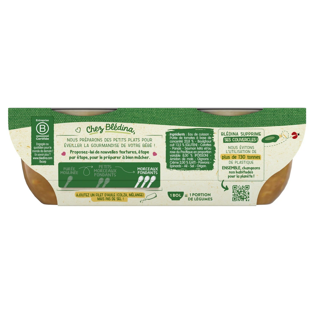 BLEDINA Repas pour bébé Tomate, boulgour de blé, saumon Dès 12 mois 2x200 g
