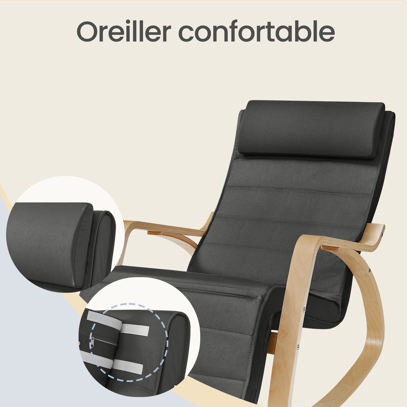 JOYFURNOS Fauteuil à bascule gris foncé et naturel avec accoudoirs en bouleau – Repose-pieds réglable à 5 niveaux, supporte jusqu’à 150 kg – Idéal pour salon ou chambre