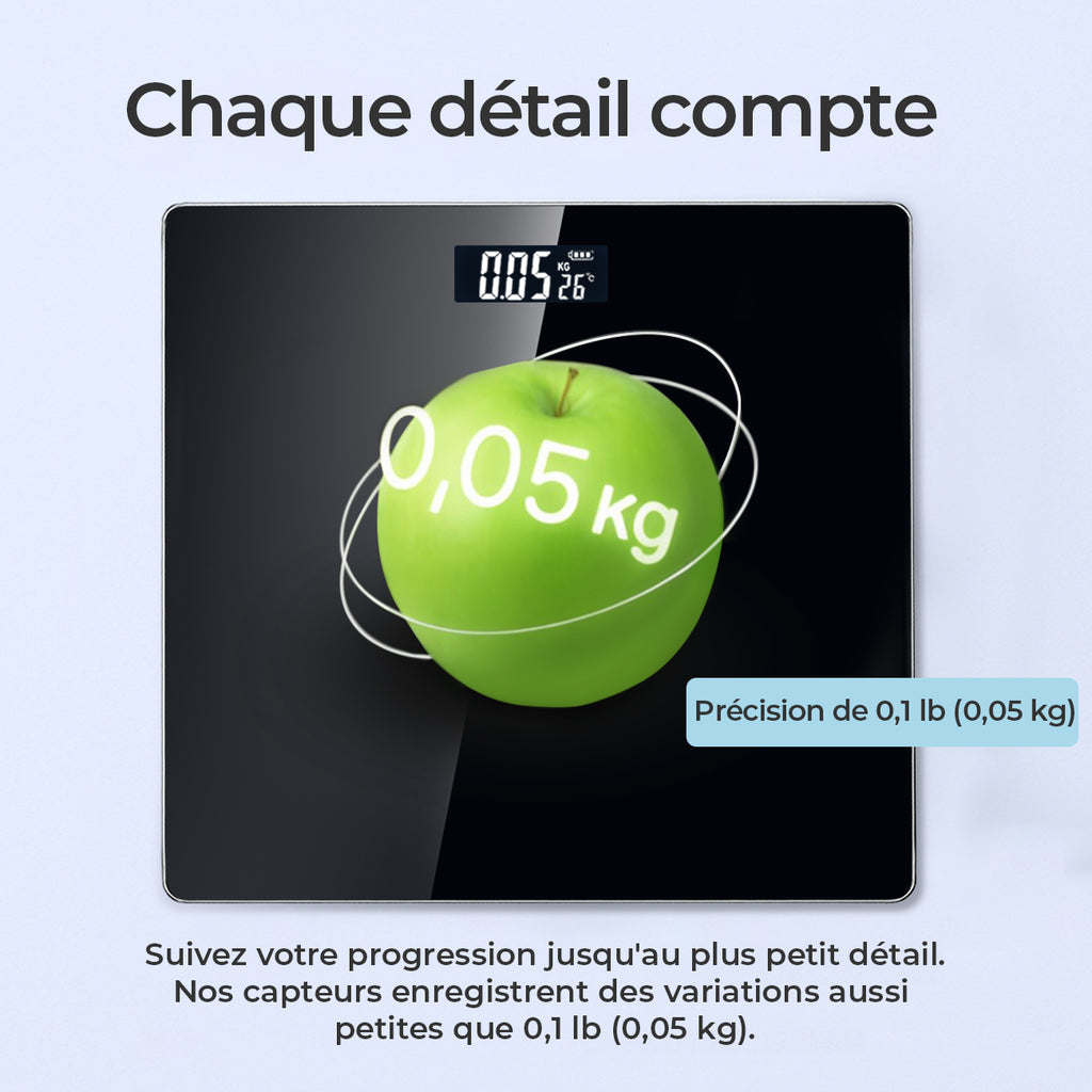 Sparoma Pèse-personne numérique noir AD-26 – Fonctionnant sur piles (2 × AAA, piles non incluses), capacité 180 kg/400 lb, précision 0,05 kg, verre trempé 4 mm, écran LCD, pour salle de bain, chambre et usage domestique