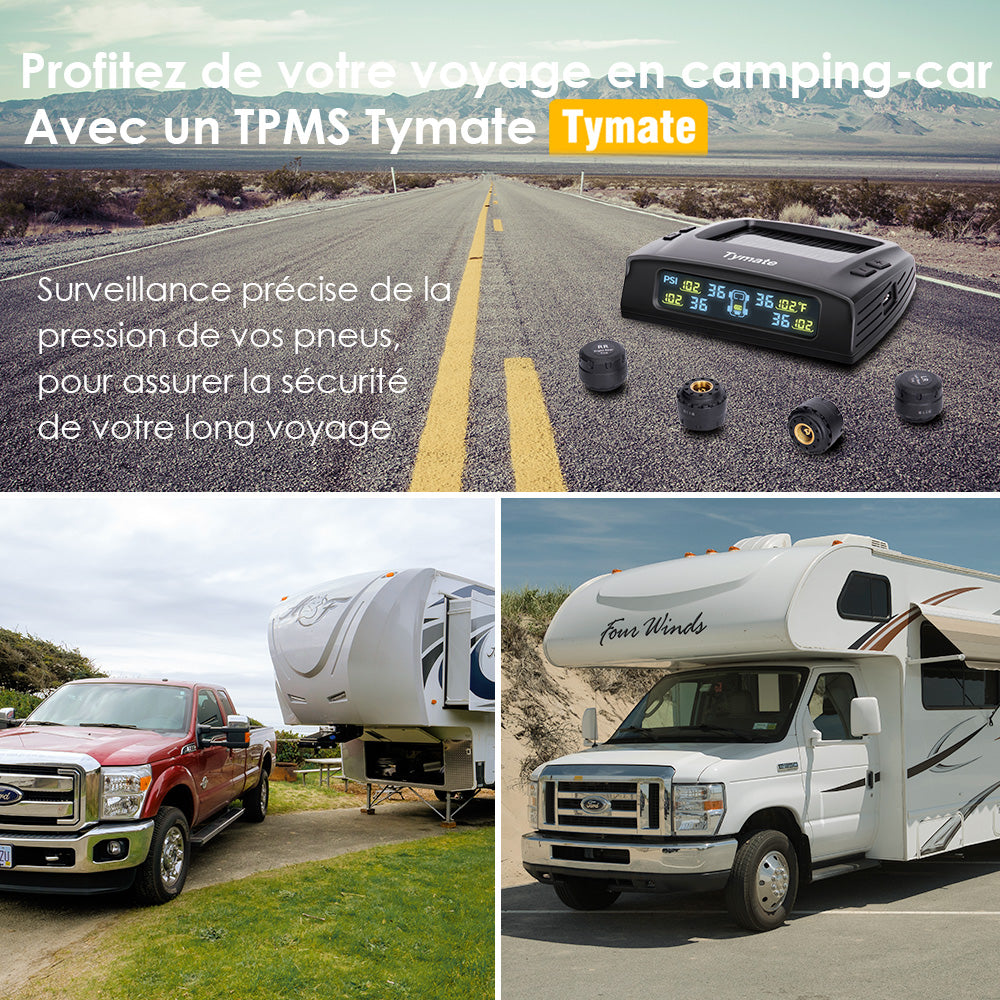 Tymate Système de surveillance de la pression des pneus pour camping-car, À énergie solaire avec 4 capteurs, 0 à 87 PSI, 6 modes d'alarme, Écran LCD couleur