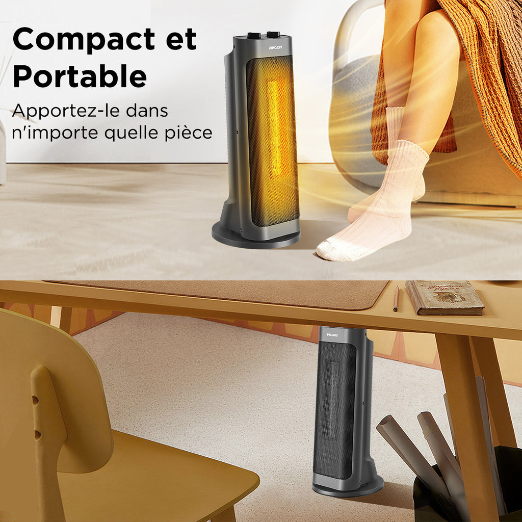 PELONIS chauffage soufflant céramique PTC 2000 W, chauffe rapide en 3 secondes, oscillation à 70°, arrêt en cas de basculement + protection contre la surchauffe, design portable
