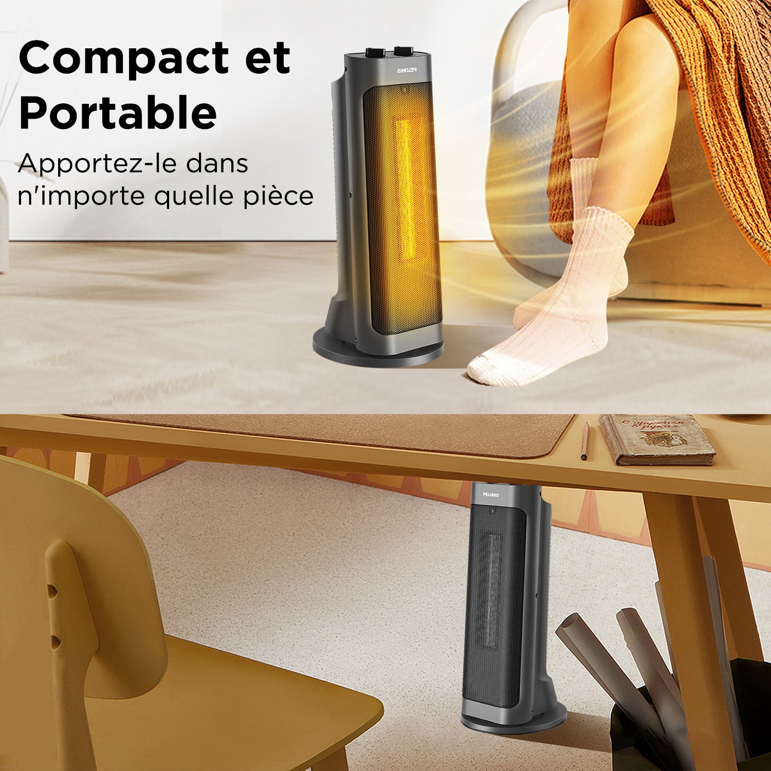 PELONIS chauffage soufflant céramique PTC 2000 W, chauffe rapide en 3 secondes, oscillation à 70°, arrêt en cas de basculement + protection contre la surchauffe, design portable