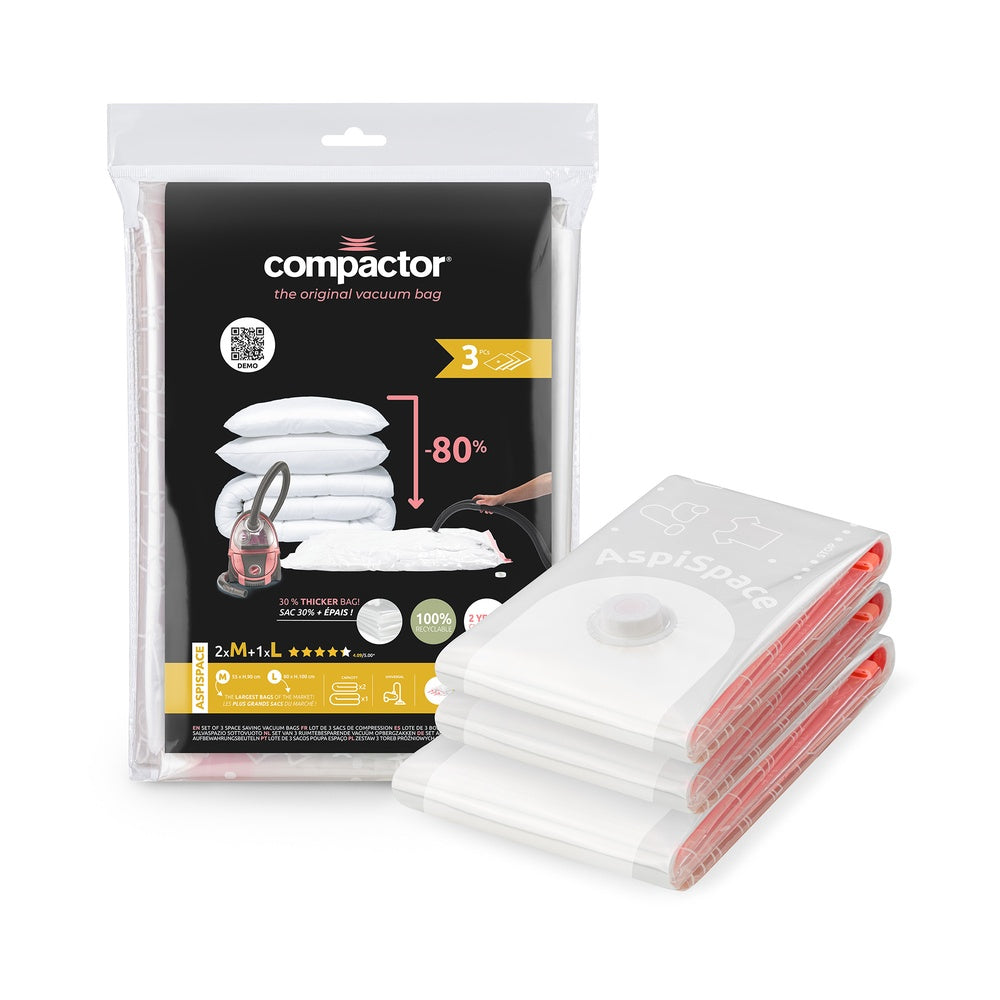 COMPACTOR Aspispace Sacs sous Vide 2 x Taille M + 1 x Taille L Lot de 3