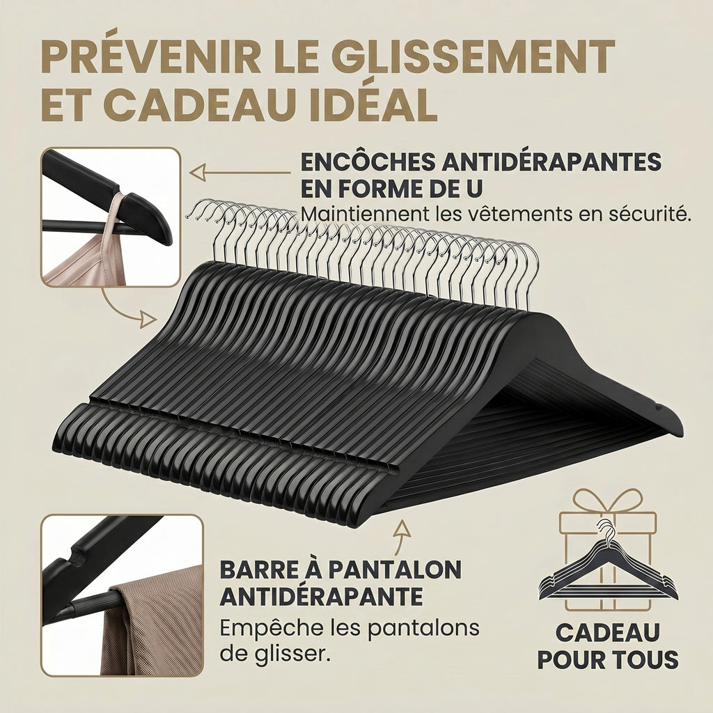 JOYFURNOS Cintres en Bois Massif, Lot de 10, Avec Rainures sur les Épaules, Pour Costumes, Chemises, Manteaux, Noir