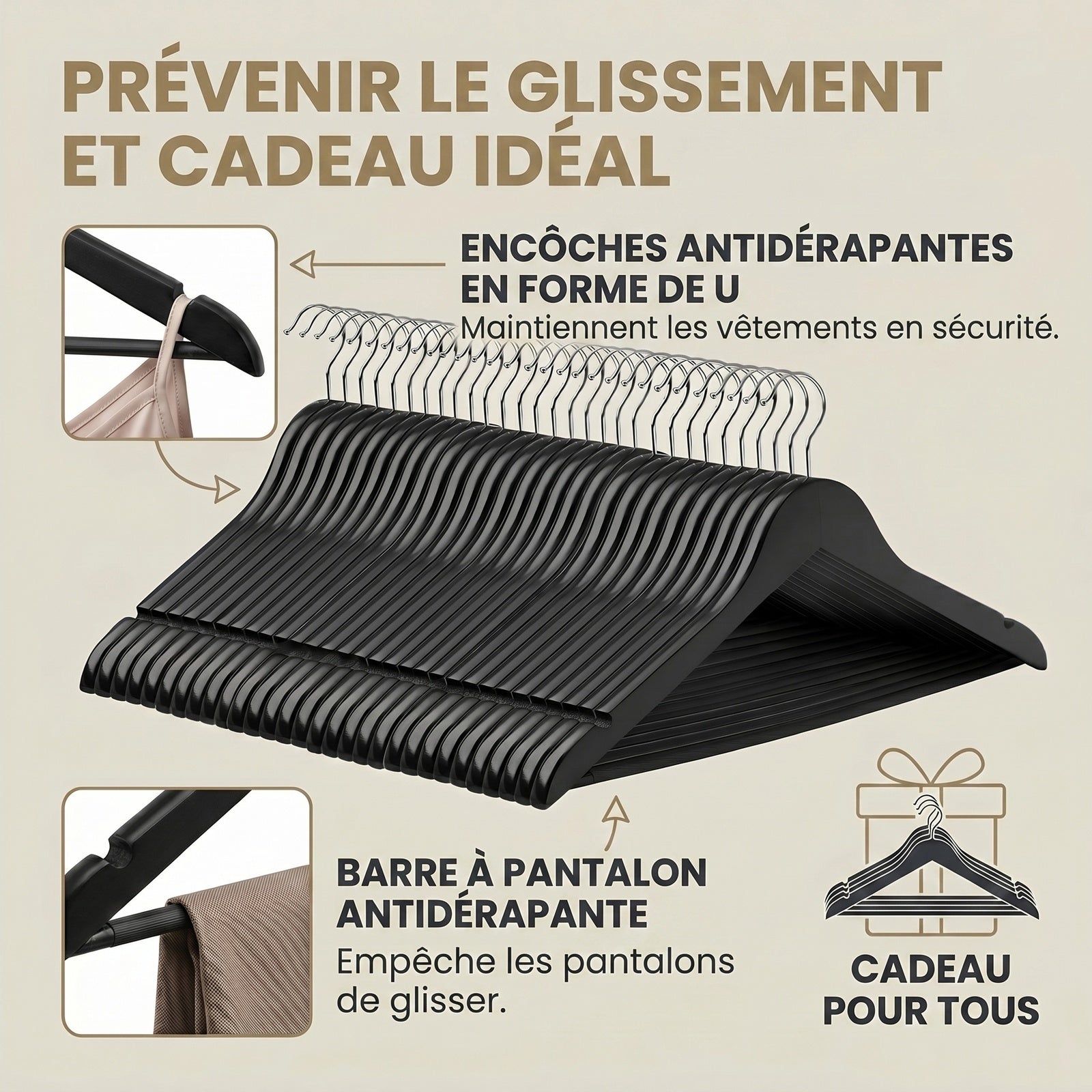 JOYFURNOS Cintres en Bois Massif, Lot de 10, Avec Rainures sur les Épaules, Pour Costumes, Chemises, Manteaux, Noir