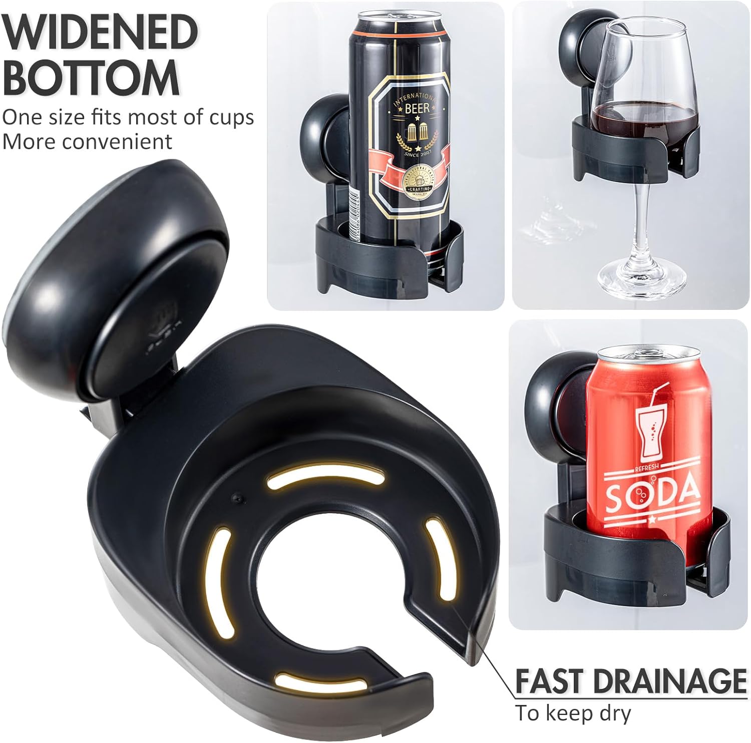 Taili Support de verre à vin à ventouse pour douche, Porte-gobelet de bain mural amovible pour bière, vin, boissons, Pour en profiter au spa, salle de bain, cuisine, etc., Noir