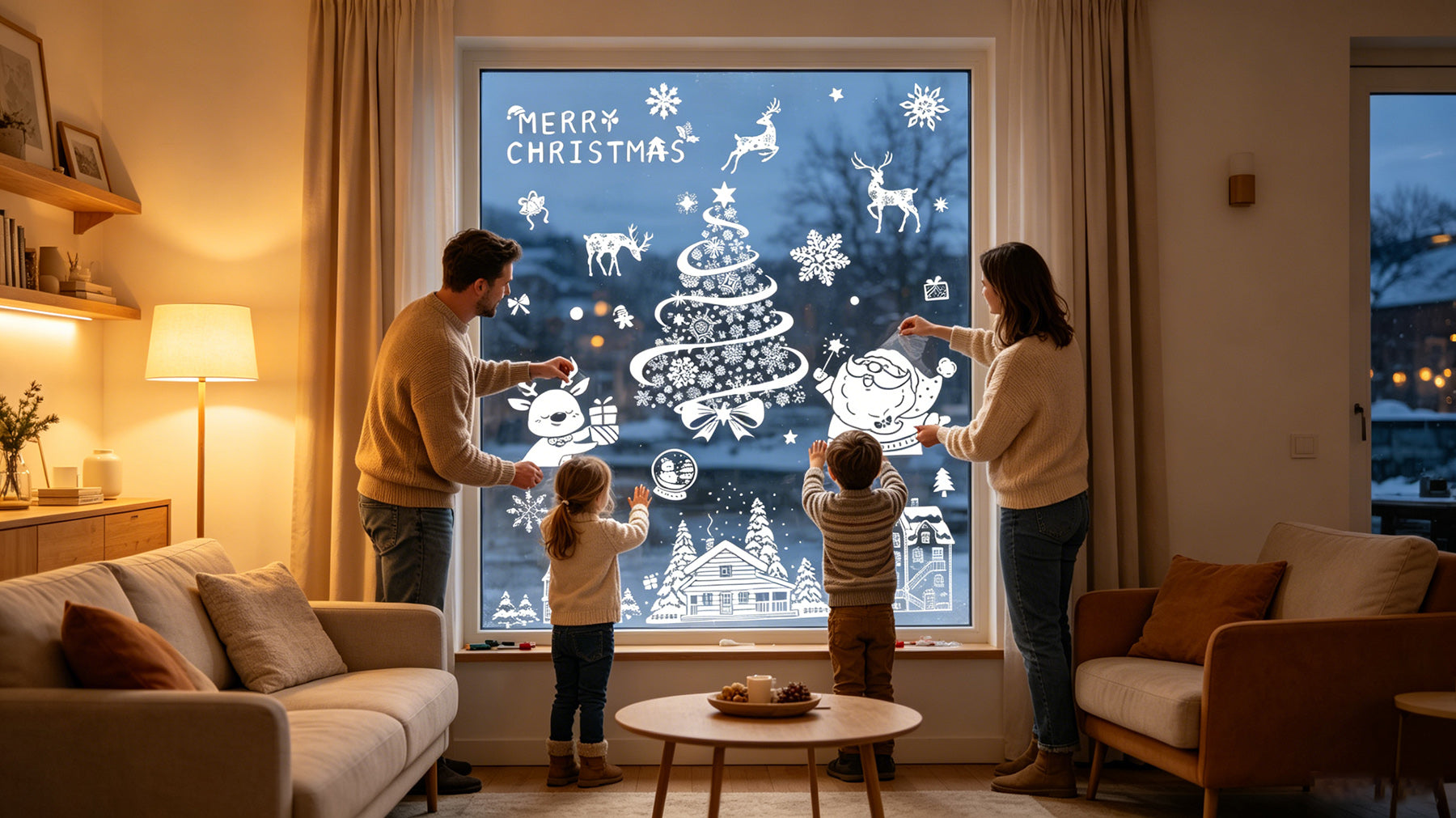 JU7CER Autocollants de fenêtre de Noël, style Père Noël et renne, autocollants adhésifs, 9 feuilles. Autocollants de fenêtre de Noël adaptés aux fenêtres d'hiver, décorations, vitres