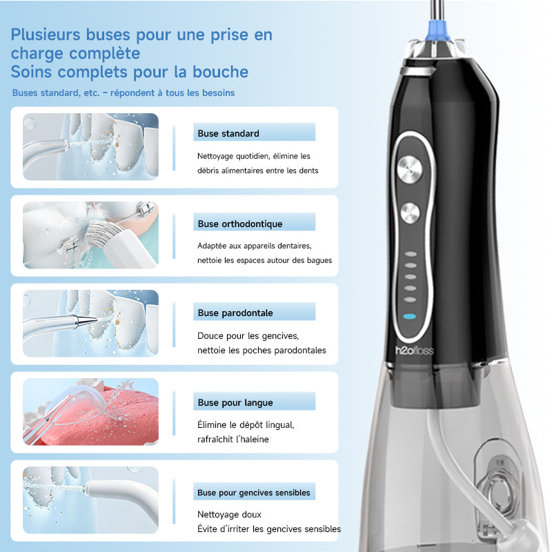 h2ofloss Hydropulseur dentaire portable, batterie 2500 mAh, 140 psi, 5 canules, étanche IPX7, 5 modes, rechargeable par USB - Noir