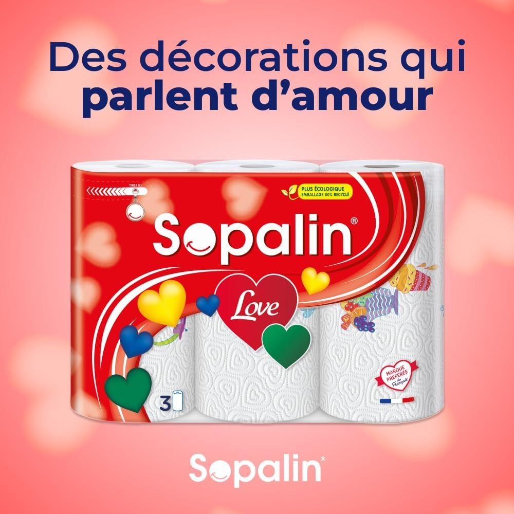 SOPALIN Essuie-Tout 3 Épaisseurs Motif Thème Amour Certifié FSC, 3 Rouleaux