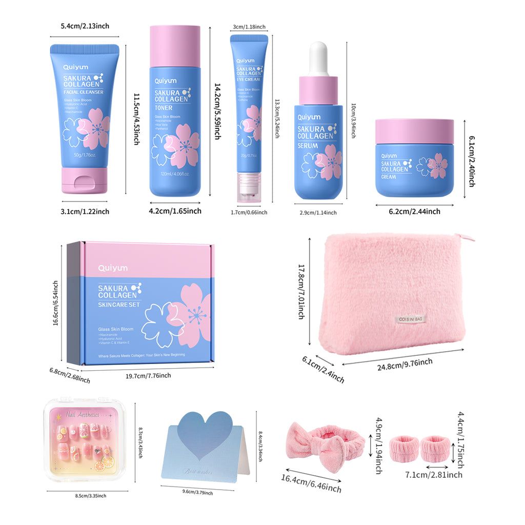 Quiyum Kit de soins au collagène Sakura (8 pièces) : Comprend nettoyant 50g, tonique 120ml, sérum 30ml, crème contour des yeux 20g, crème 50g, serre-tête