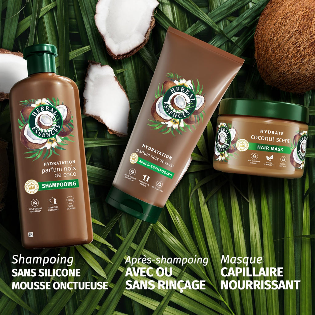 Herbal Essences Routine Hydratation Parfum Noix de Coco avec Shampooing 250 ml, Après-shampooing 200 ml Et Masque 500 ml