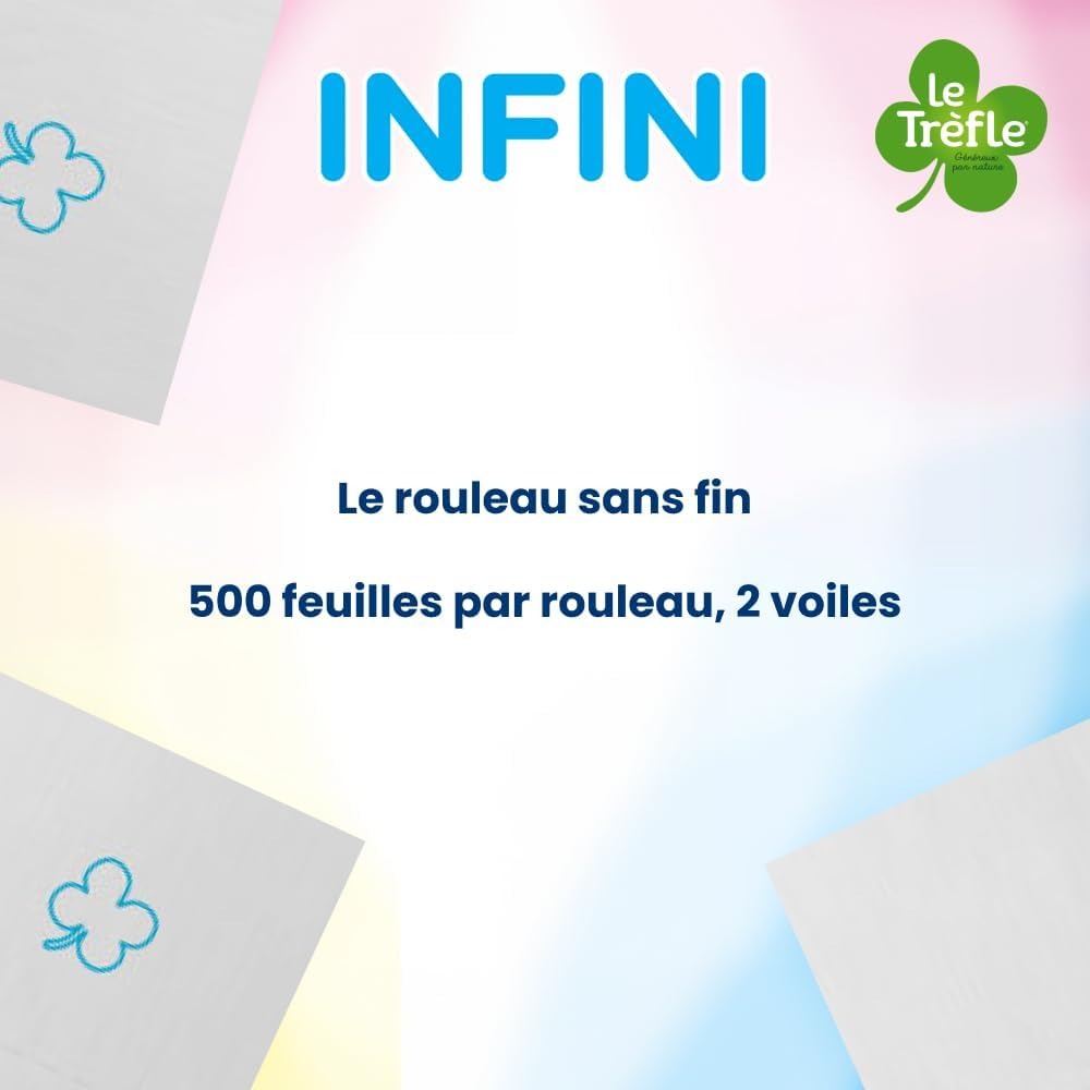 LE TRÈFLE Infinity Papier Toilette 2 Épaisseurs Maxi Rouleaux, 500 Feuilles par Rouleau, 4 Rouleaux