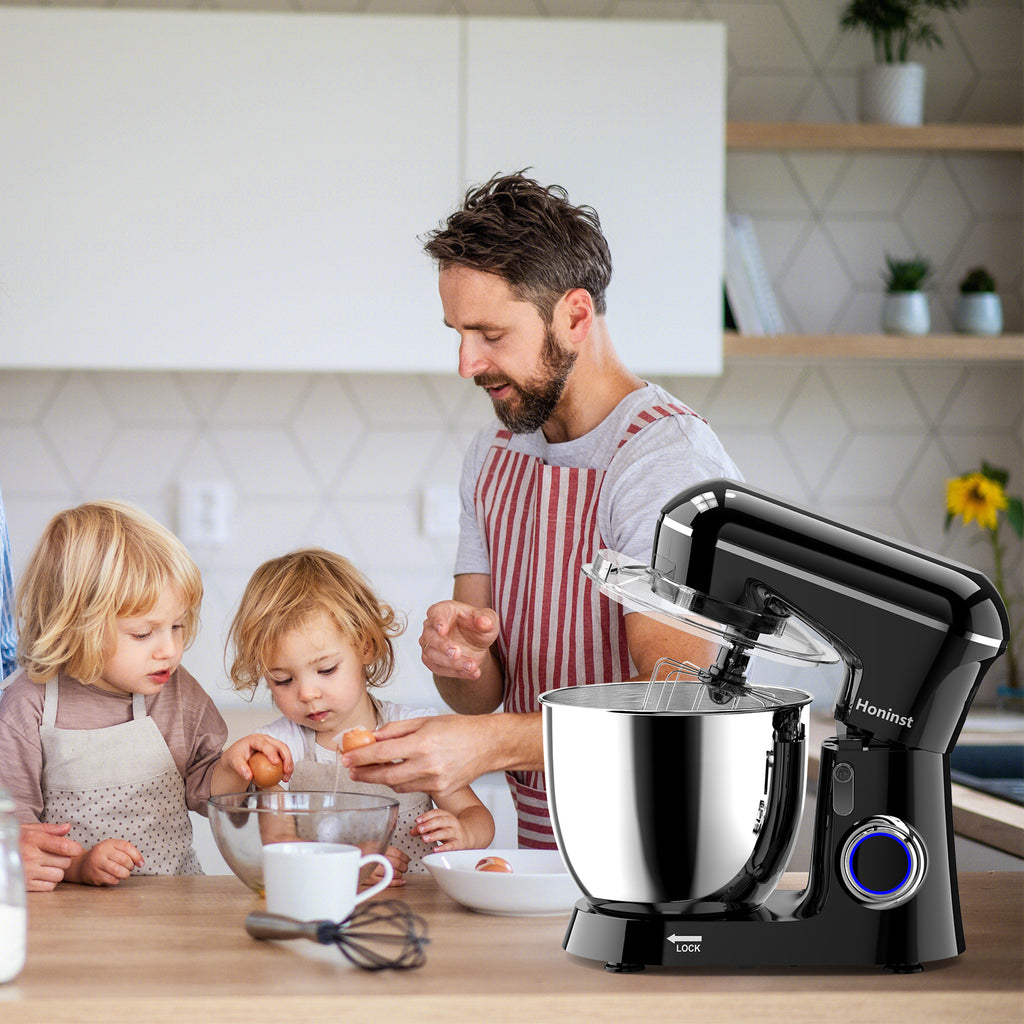 HONINST Robot pâtissier électrique à tête inclinable 6,5 qt 10 vitesses, robot de cuisine 3 en 1 avec bol, crochet pétrisseur, fouet et batteur plat