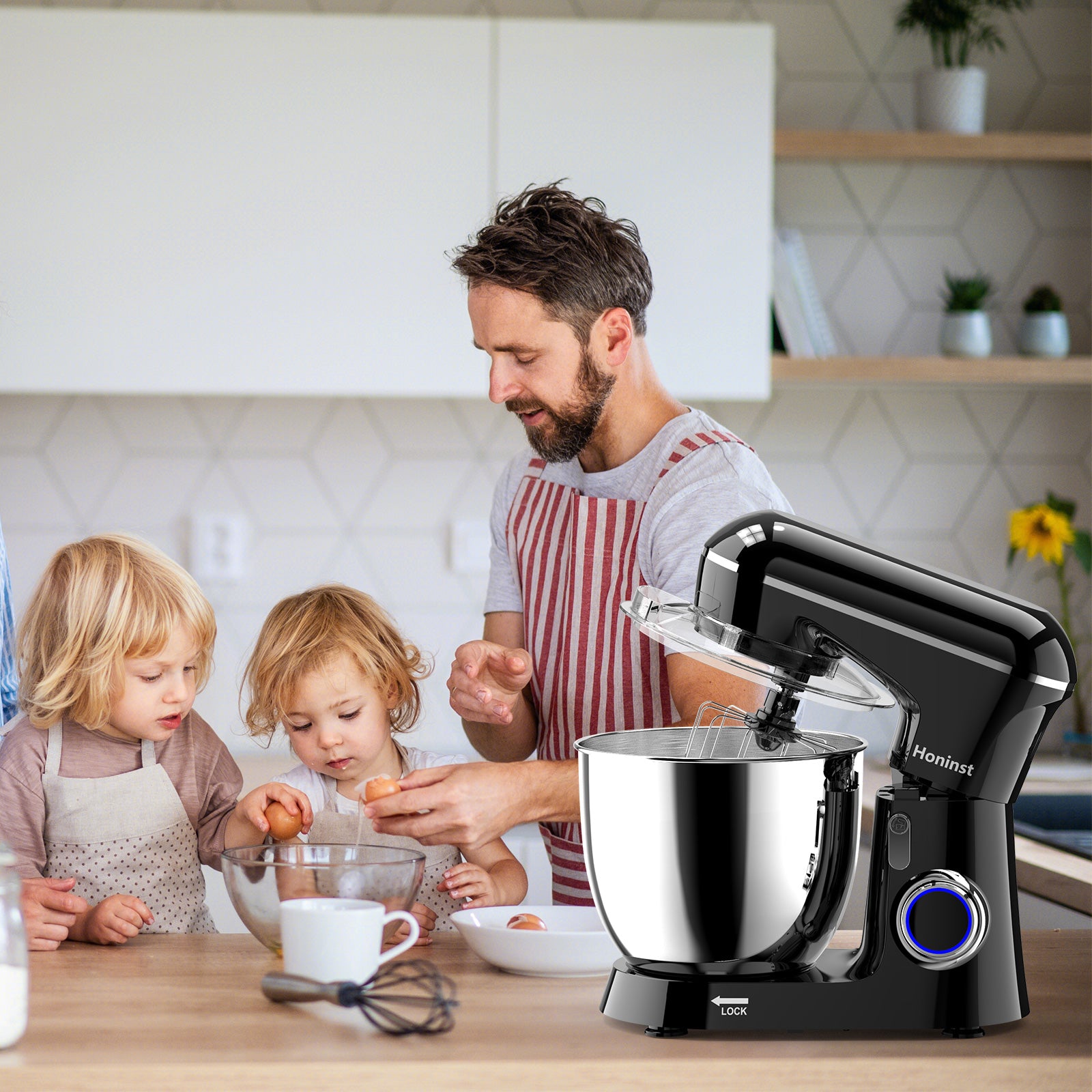 HONINST Robot pâtissier électrique à tête inclinable 6,5 qt 10 vitesses, robot de cuisine 3 en 1 avec bol, crochet pétrisseur, fouet et batteur plat