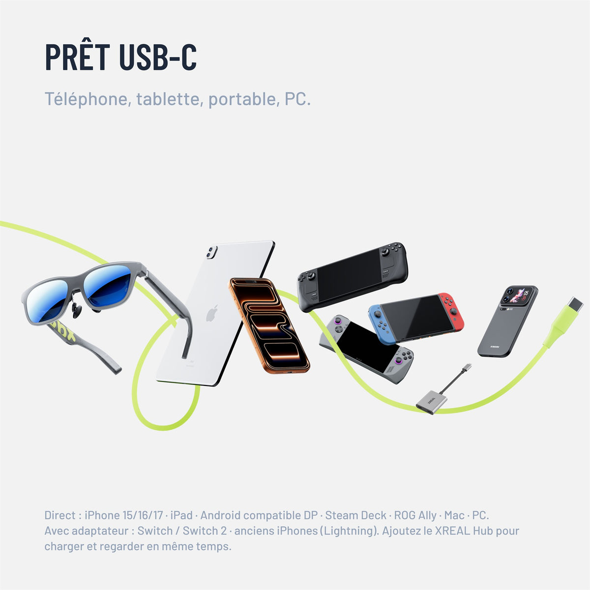 Lunettes AR xbx a01+ de XREAL — 62 g ultra-léger, écran portable grand format 147 ” pour films et jeux, HDR10 lumineux 1600 nits, USB-C DP pour iPhone, iPad, Android, Steam Deck, ROG & PC