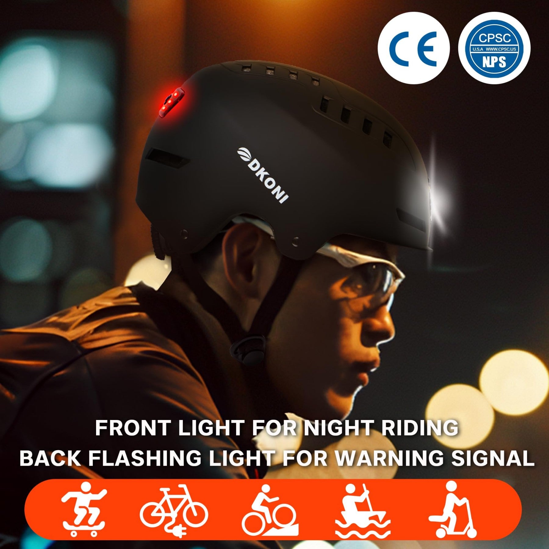 DKONI HS-158 Casque de vélo adulte rechargeable USB avec éclairage avant et arrière Convient aux hommes et aux femmes Noir S 48-55 cm