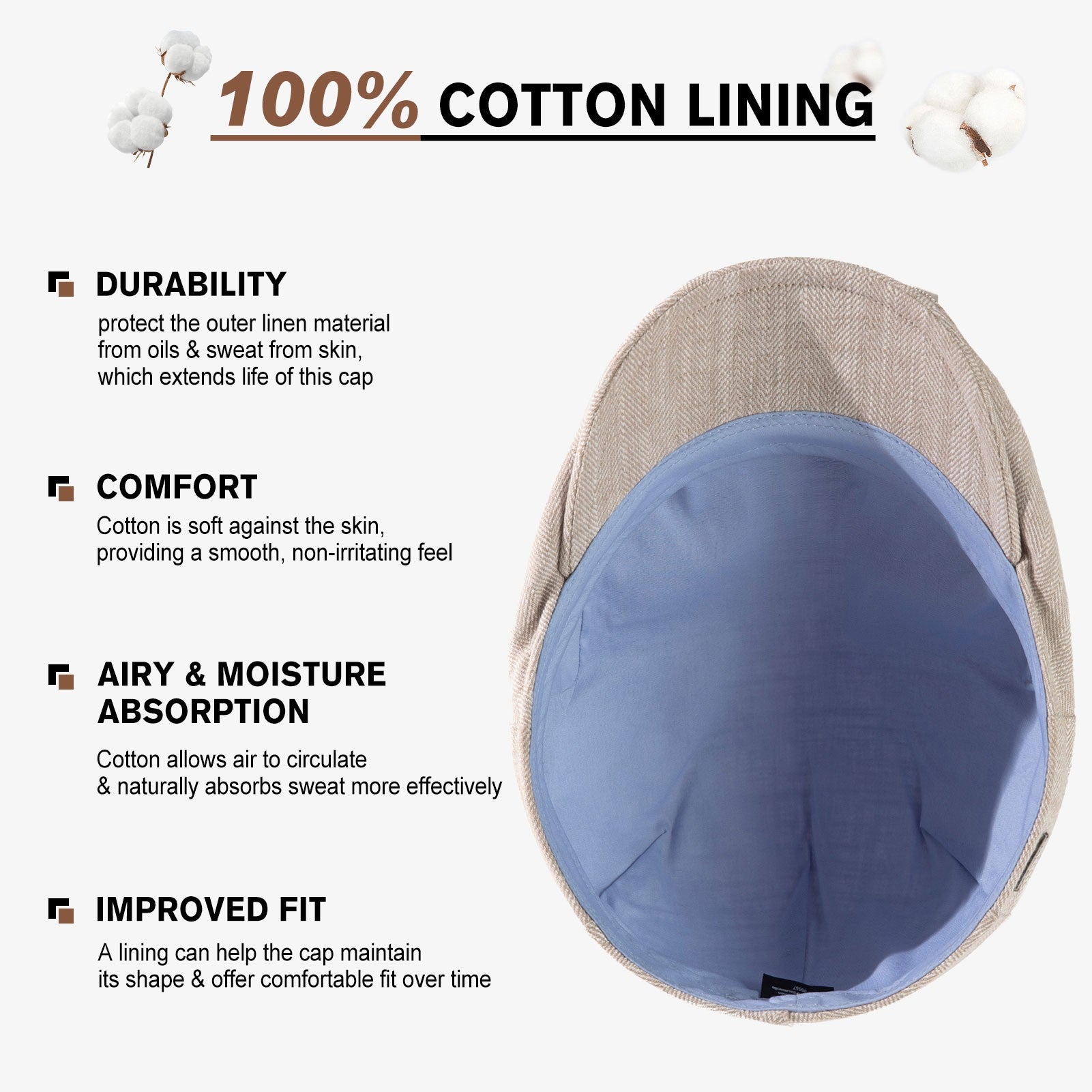 TOP-EX Casquette plate gavroche homme en mélange de lin, rafraîchissante d'été, doublure coton, M/L, chevrons beige