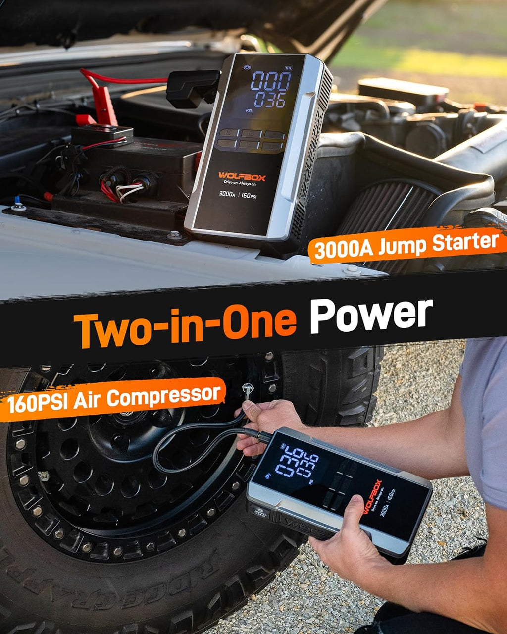WOLFBOX 3000A Booster de démarrage 12 V avec compresseur d'air et batterie portable 59,2 Wh et 160 psi et recharge rapide 65 W compatible moteurs essence 8 L et diesel 6 L avec