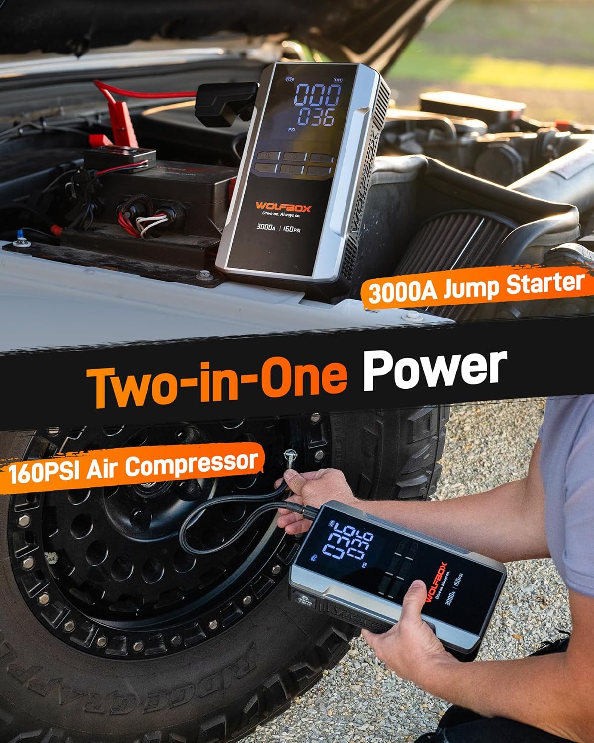 WOLFBOX 3000A Booster de démarrage 12 V avec compresseur d'air et batterie portable 59,2 Wh et 160 psi et recharge rapide 65 W compatible moteurs essence 8 L et diesel 6 L avec