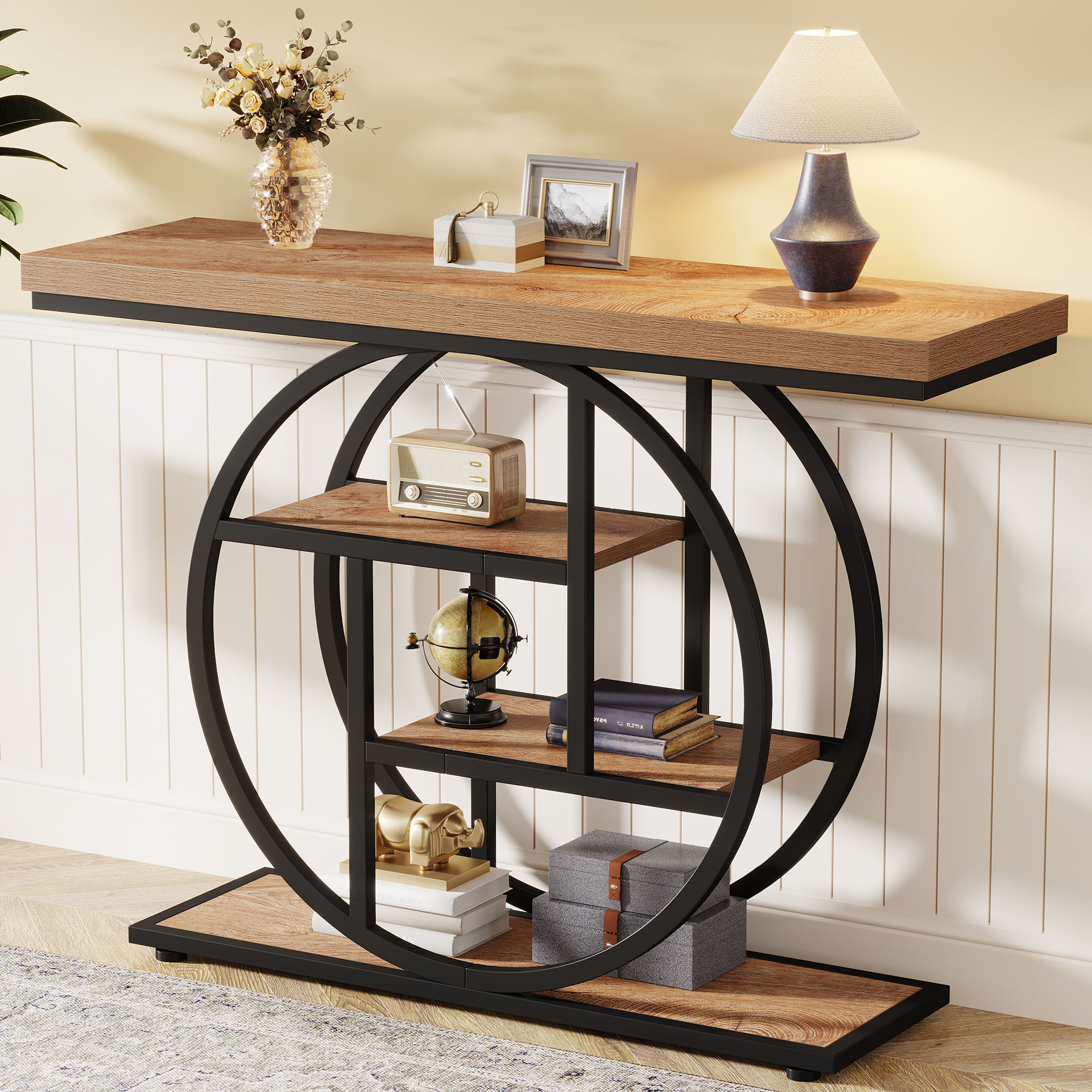 Tribesigns Table console 105 cm, Table derrière canapé industrielle à 4 niveaux pour entrée avec base circulaire, Table d'appoint étroite en bois avec étagères de rangement pour salon