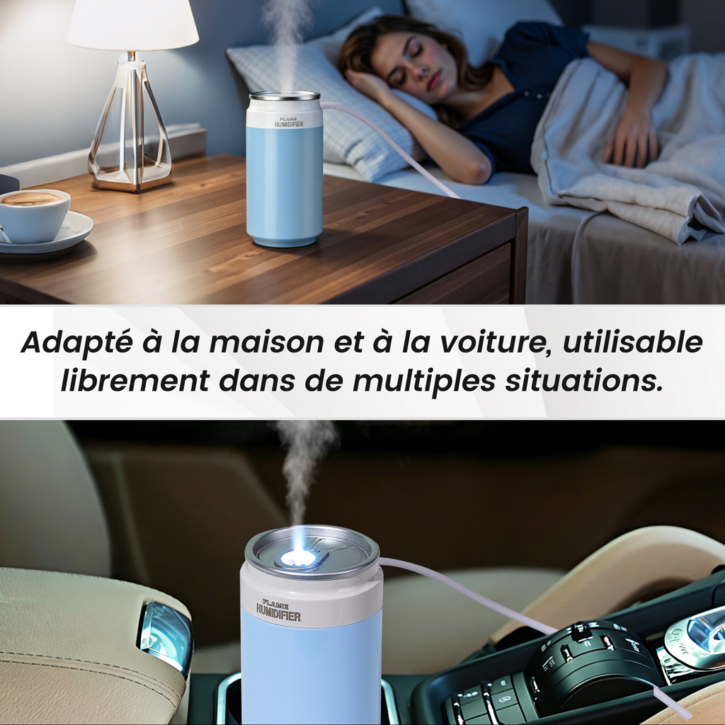 Mini humidificateur portable double usage pour voiture et usage intérieur, Lumière d'ambiance LED intégrée, Deux modes de brumisation silencieux avec arrêt automatique