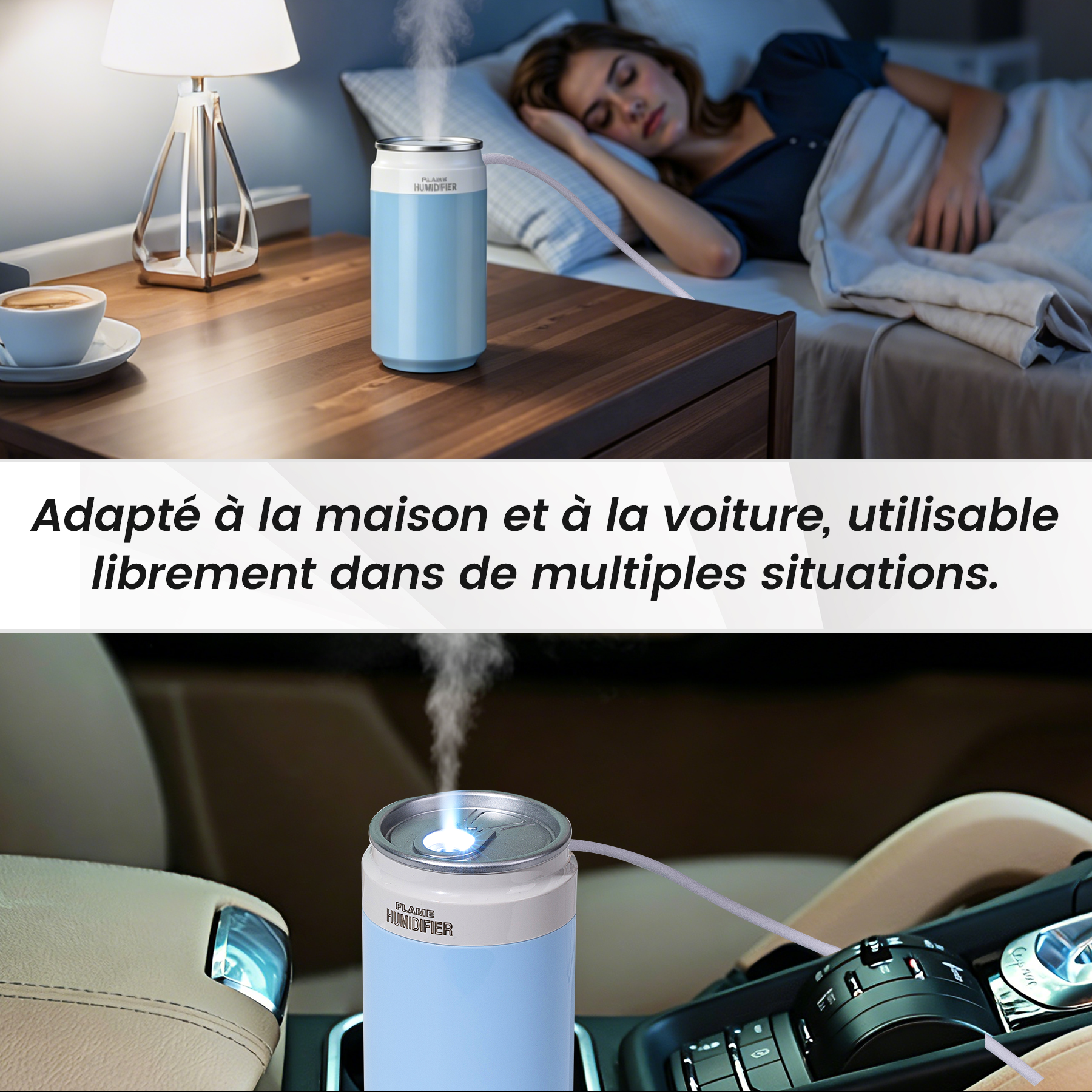 Mini humidificateur portable double usage pour voiture et usage intérieur, Lumière d'ambiance LED intégrée, Deux modes de brumisation silencieux avec arrêt automatique