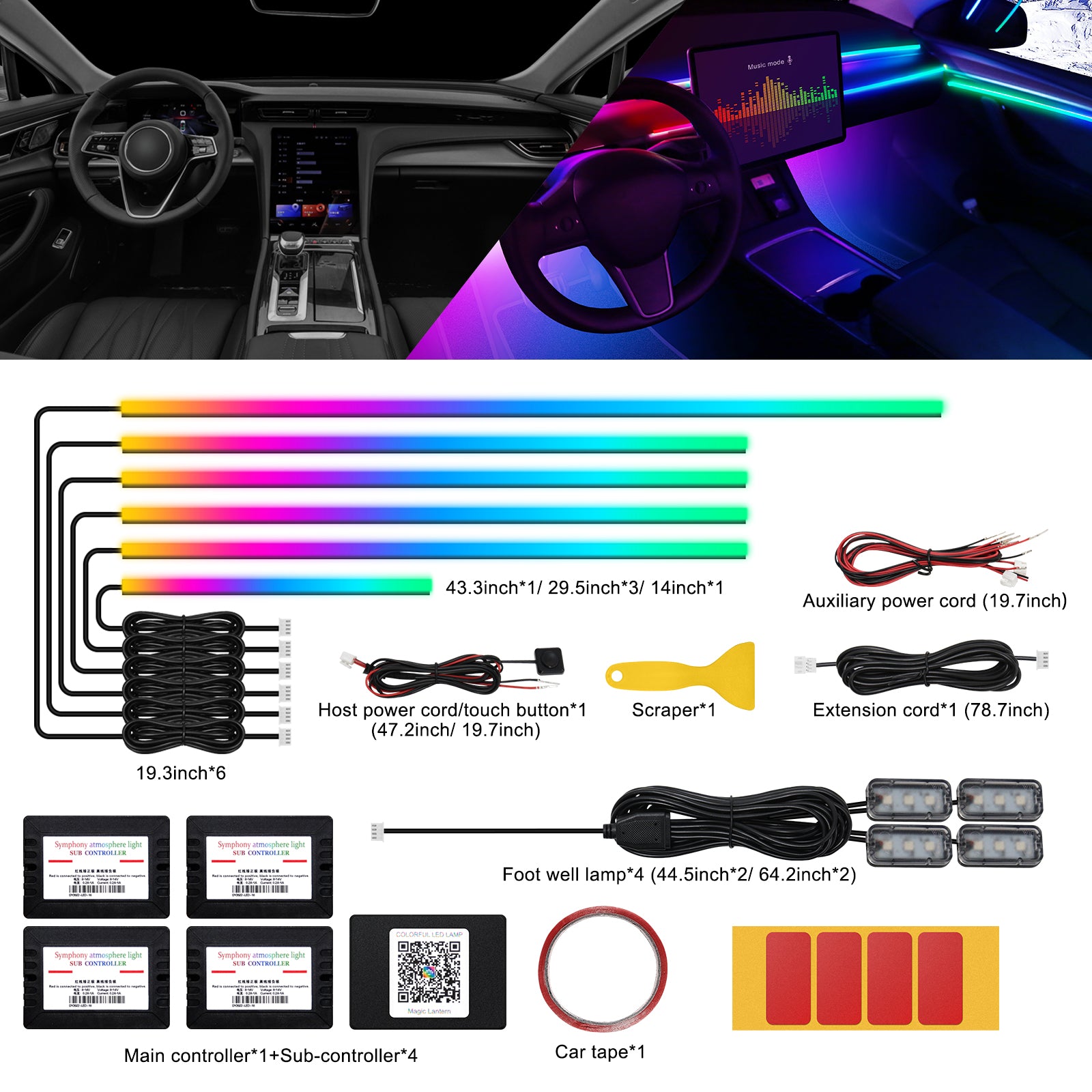 Bande lumineuse LED acrylique intérieure de voiture Dreamcolor, compatible avec contrôle sans fil via application, RGB 10-en-1
