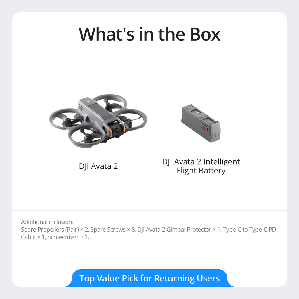 DJI Avata 2 Drone seul, Drone FPV avec caméra 4K, Protection d'hélice intégrée, Champ de vision ultra-large 155°, Compatible avec RC Motion 3
