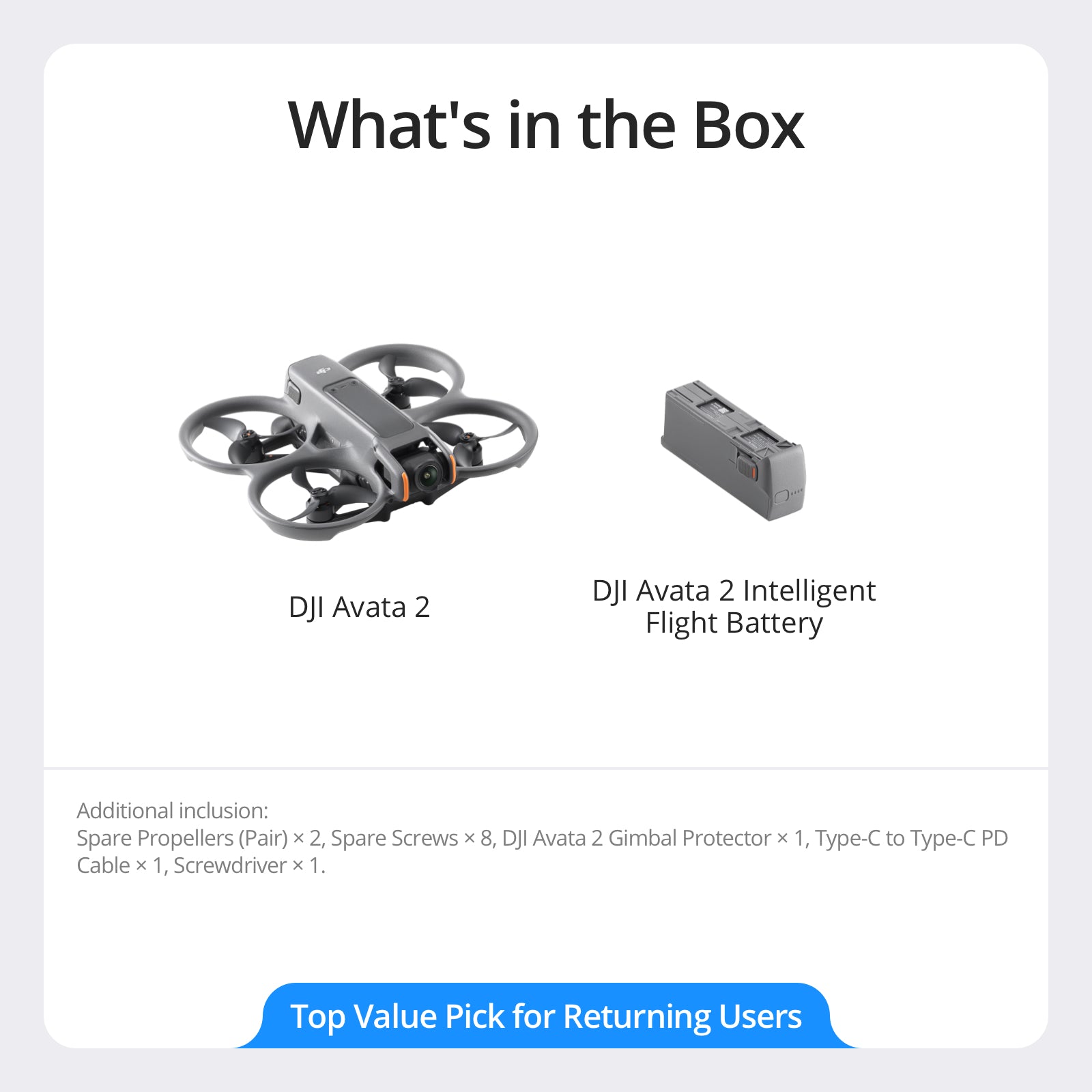 DJI Avata 2 Drone seul, Drone FPV avec caméra 4K, Protection d'hélice intégrée, Champ de vision ultra-large 155°, Compatible avec RC Motion 3