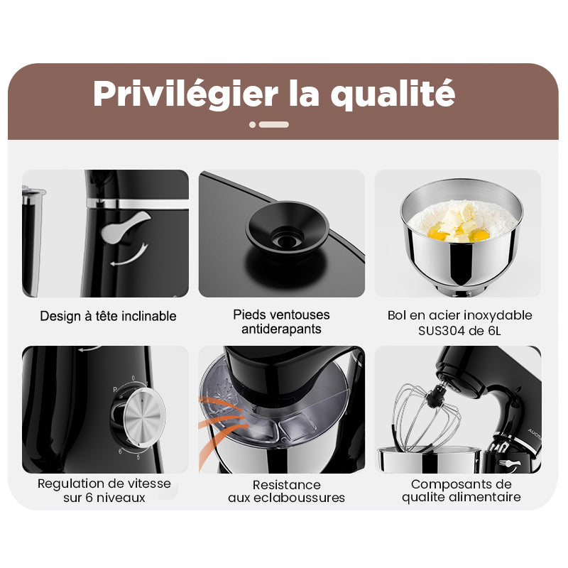 AUCMA ASM1559 Robot pâtissier 6 L 450 W 6 vitesses à tête inclinable avec bol en acier inoxydable SUS304, crochet pétrisseur, fouet, batteur et couvercle anti-éclaboussures, Noir