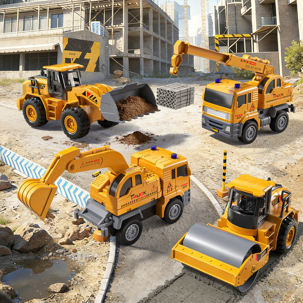 Ensemble de jouets de camions de construction, lot de 4 voitures d'ingénierie à roulement par friction avec pelleteuse, grue, Bulldozer, rouleau compresseur